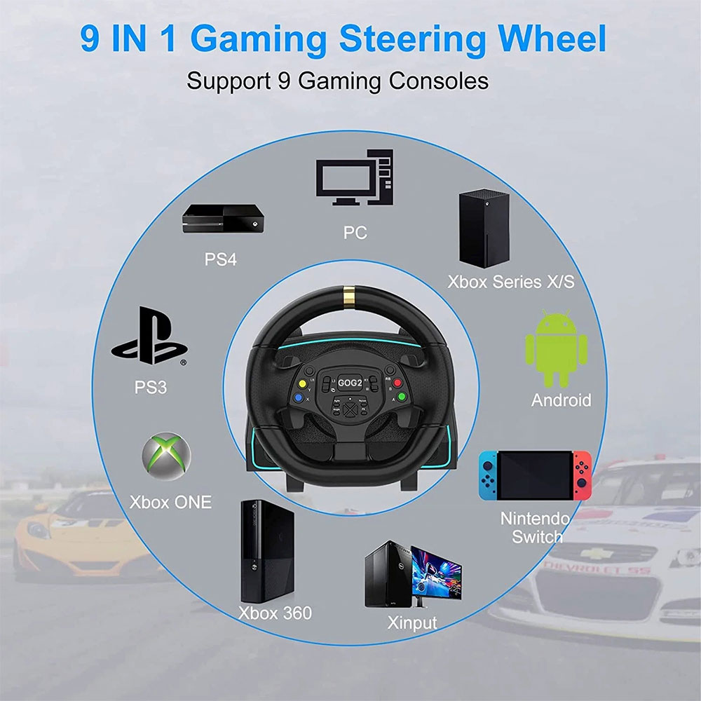 Vô Lăng Chơi Game GOG R808 LED Racing Wheel - Số Sàn,Cần Số Rời, Pedal Kim Loại+Côn,Quay 270-1080 Độ,PC,Playstation,Switch,Xbox