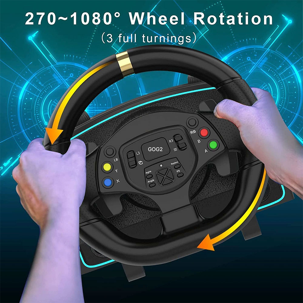 Vô Lăng Chơi Game GOG R808 LED Racing Wheel - Số Sàn,Cần Số Rời, Pedal Kim Loại+Côn,Quay 270-1080 Độ,PC,Playstation,Switch,Xbox