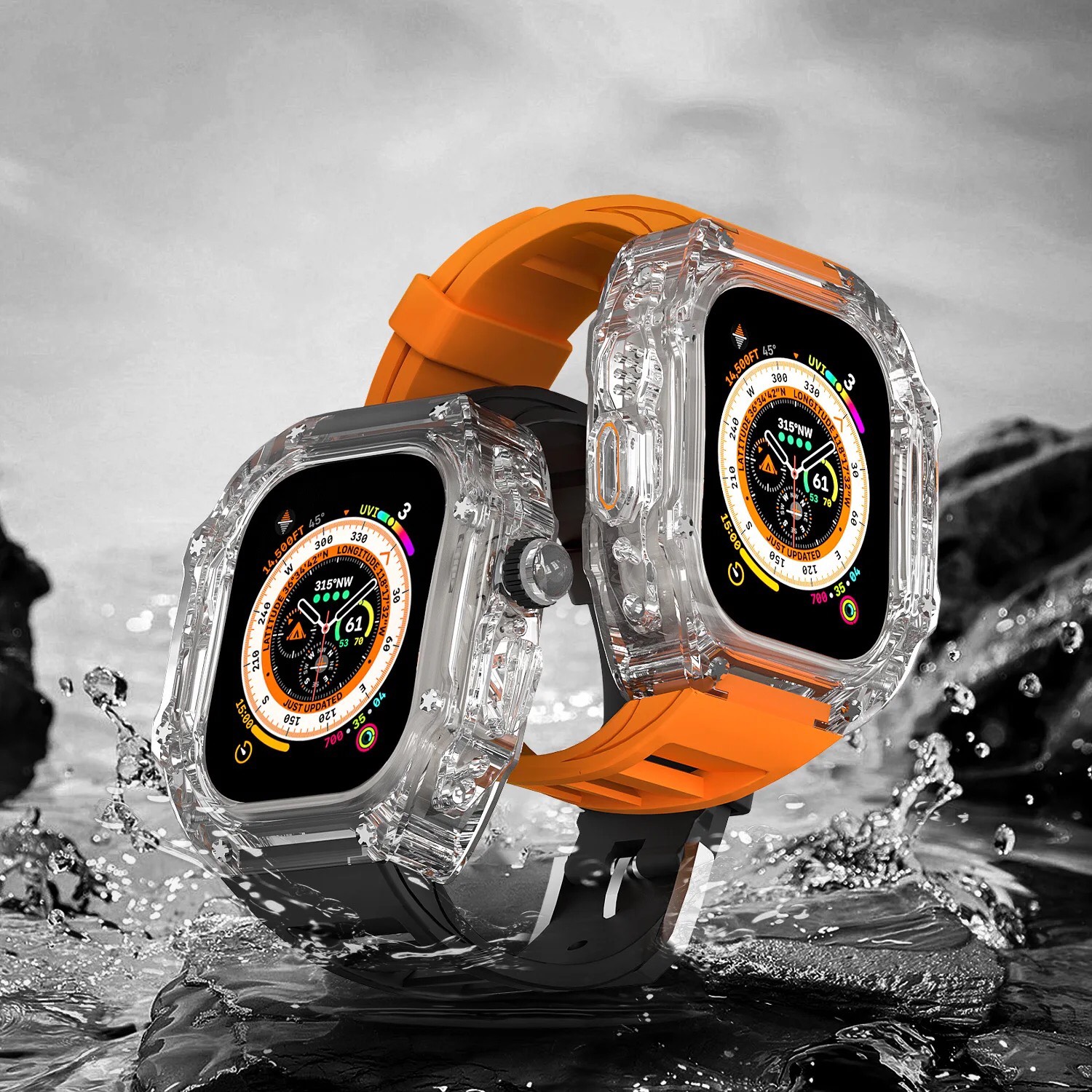 Bộ Vỏ Ốp Đồng Hồ Apple Watch Series 8 Ultra 44m 45mm Viền Trong Suốt Dây Cao Su IWatch