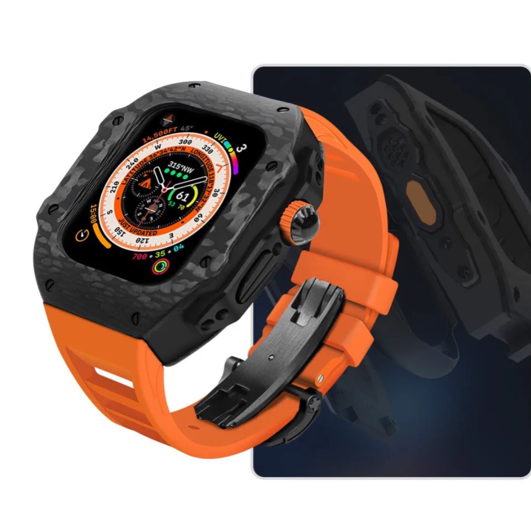 Bộ Vỏ Ốp Đồng Hồ Apple Watch Series 8 Ultra 49mm Viền Carbon Dây Cao Su IWatch