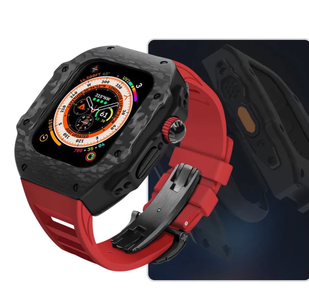 Bộ Vỏ Ốp Đồng Hồ Apple Watch Series 8 Ultra 49mm Viền Carbon Dây Cao Su IWatch