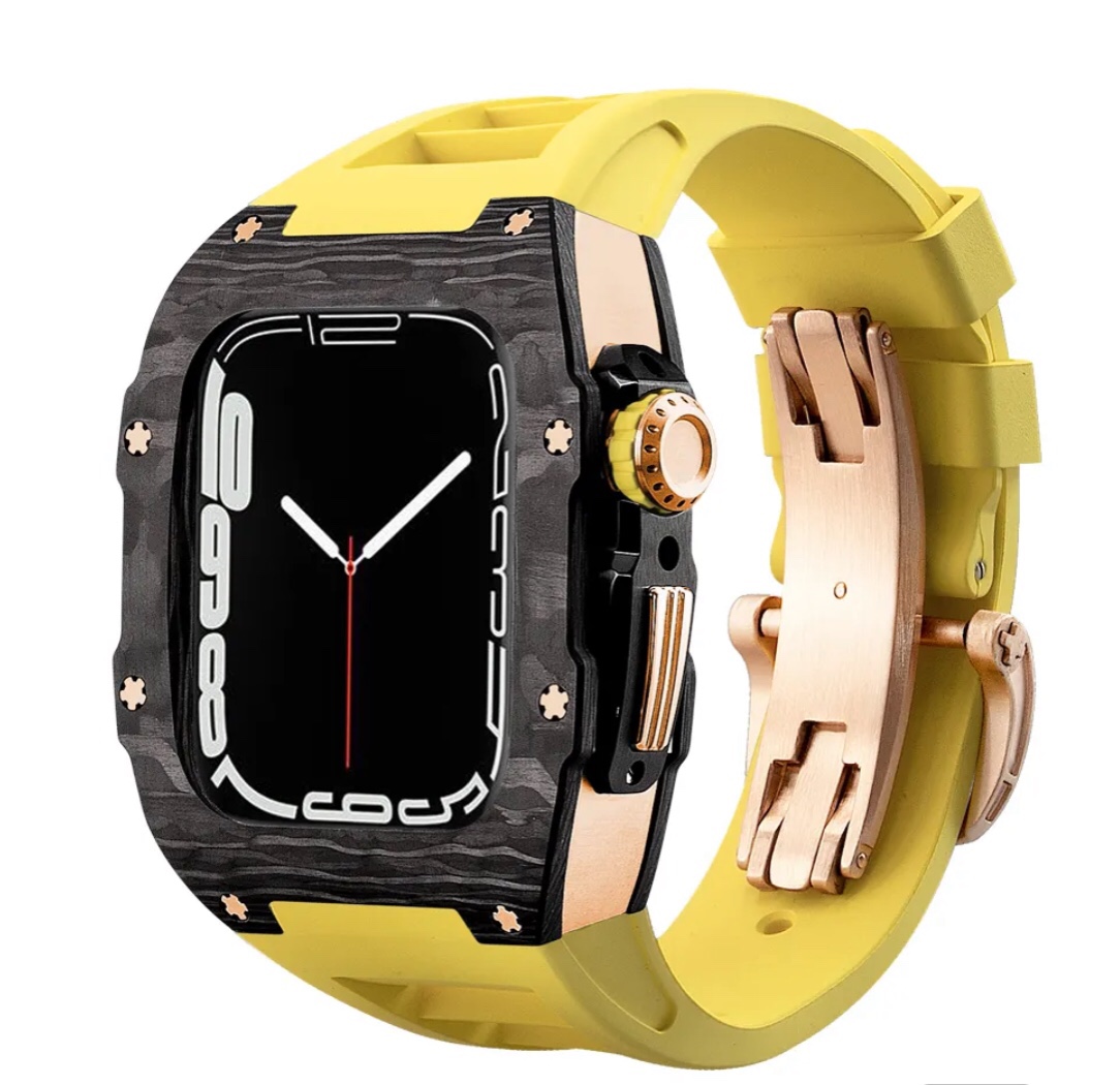 Bộ Vỏ Ốp Đồng Hồ  Apple Watch 7/6/5/4SE 44-45mm Viền Carbon Chống Sốc, Dây Fluororubber FKM IWatch