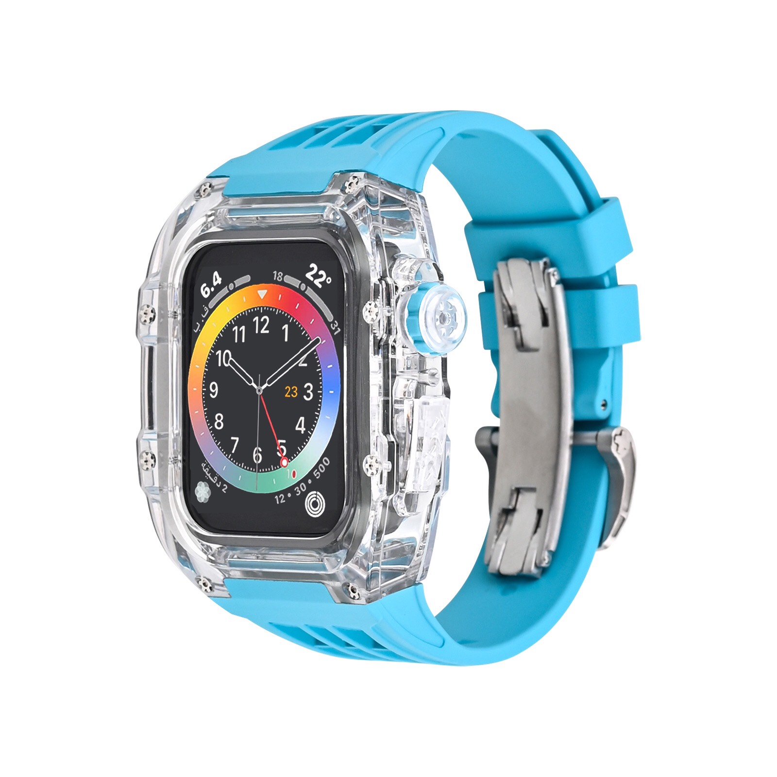 Bộ Vỏ Ốp Đồng Hồ Apple Watch 7 6 45mm Viền Trong Suốt, Dây Đeo Fluororubber Khóa Thép IWatch 