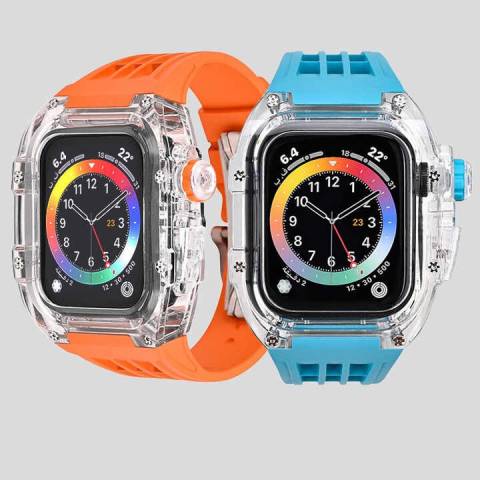 Bộ Vỏ Ốp Đồng Hồ Apple Watch 7 6 45mm Viền Trong Suốt, Dây Đeo Fluororubber Khóa Thép IWatch 