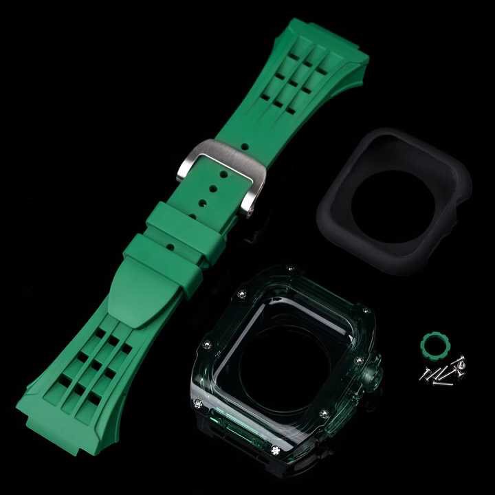Bộ Vỏ Ốp Đồng Hồ Apple Watch 6/7/8 45mm Viền Trong Suốt, Dây Fluororubber, Khóa Thép IWatch