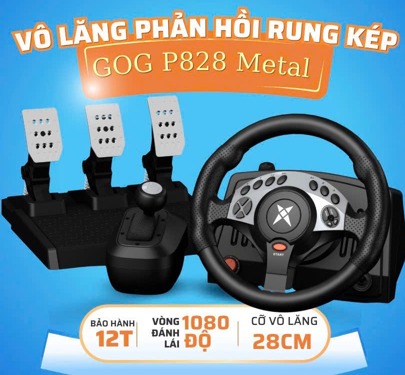 Vô Lăng Chơi Game GOG P828 LED Racing Wheel - Số Sàn,Cần Số Rời, Pedal Kim Loại+Côn,Quay 270-1080 Độ
